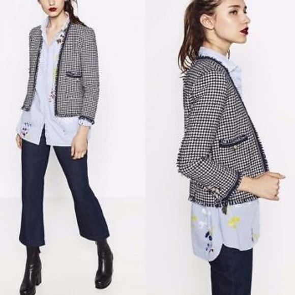 Zara Tweed Houndstooth Open Front Raw Edge Blazer - Picture 2 of 14